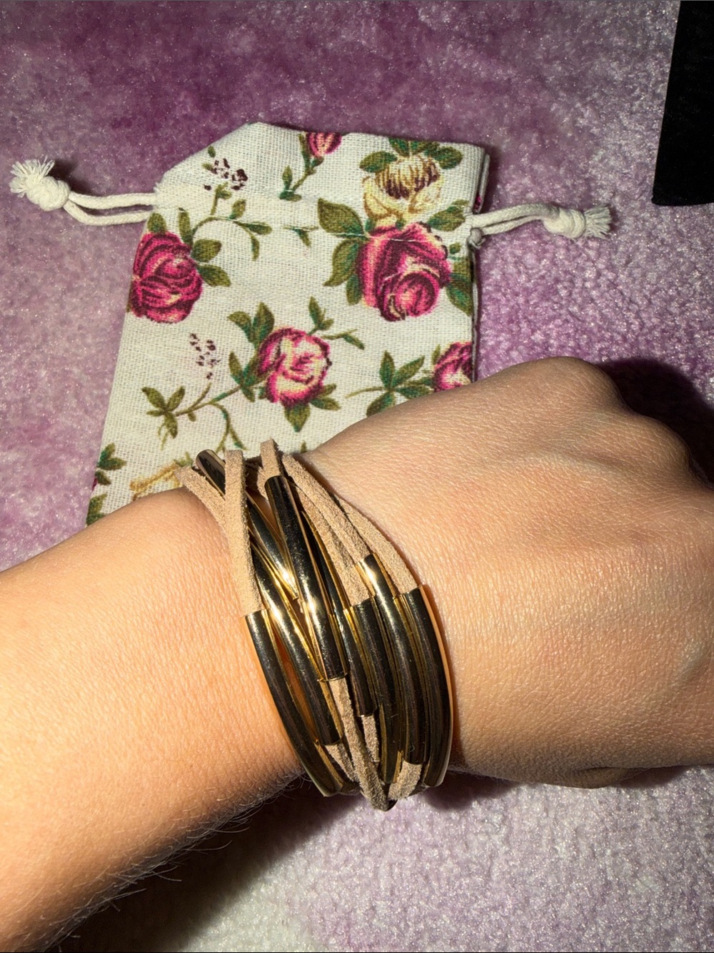Gold and Tan Suede Multi-Row Wrap Bracelet with a Dust Bag